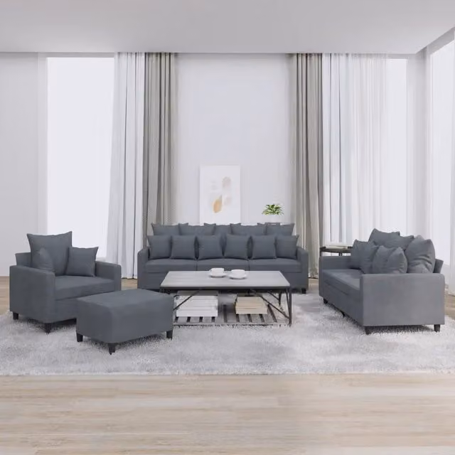 Set di divani moderno vidaXL in velluto grigio composto da un divano a 3 posti, un divano a 2 posti, un pouf e cuscini decorativi
