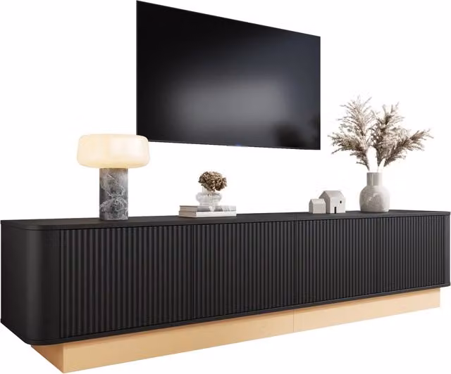 Mobile porta tv 200 cm con 4 ante，struttura in MDF nero，design moderno con angoli arrotondati