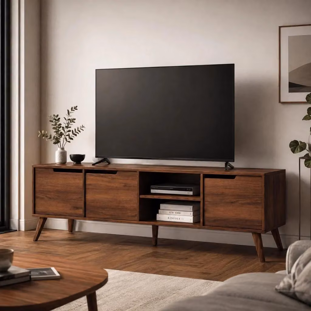 Mobile Porta TV Arreditaly in Melaminico Design Scandinavo con 3 Ante e 2 Vani A Giorno, Colore Noce, L 180 x P 40 x H 55 cm – 2