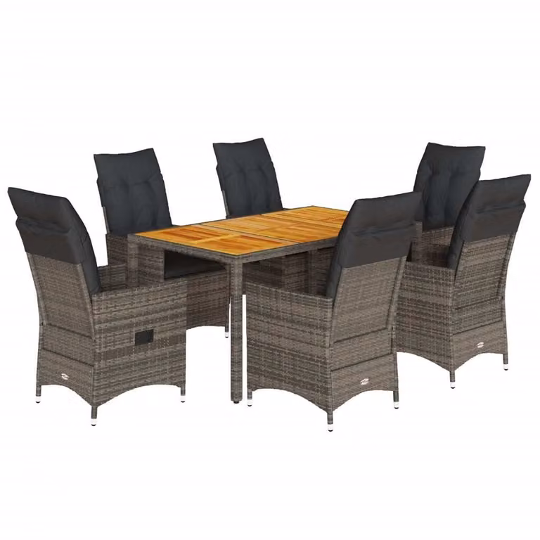 Set da Pranzo da Giardino 7 pz con Cuscini in Polyrattan Grigio