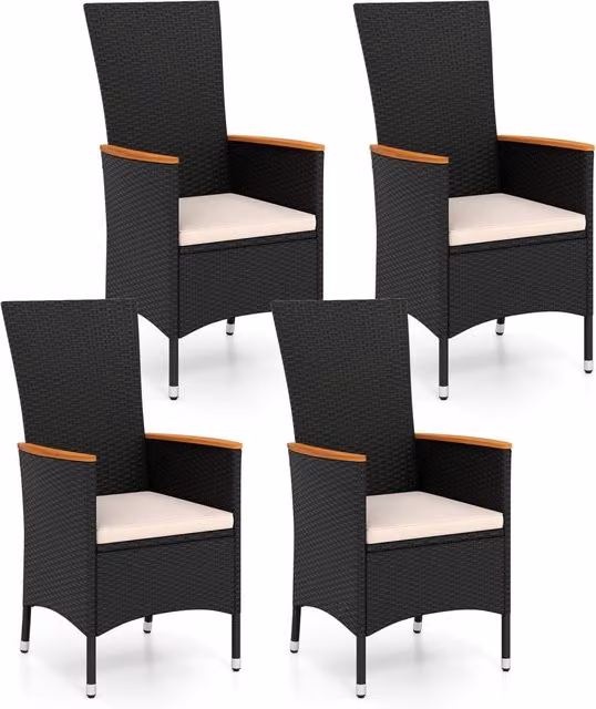 Set di 4 sedie da esterno in ratten pe con cuscino di seduta, Set di mobili per balcone cortile bordo piscina Beige
