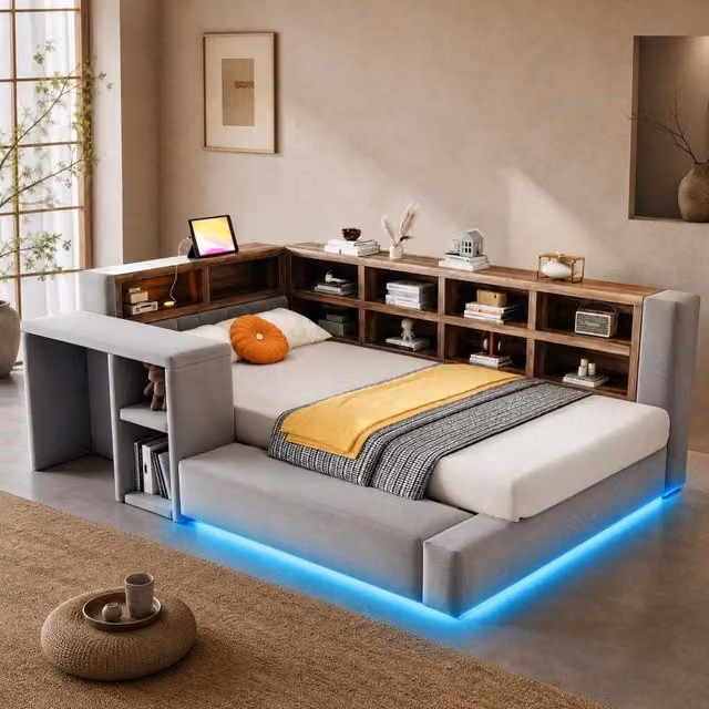 Letto imbottito 90x200 cm con contenitori; LED e presa in velluto grigio scuro
