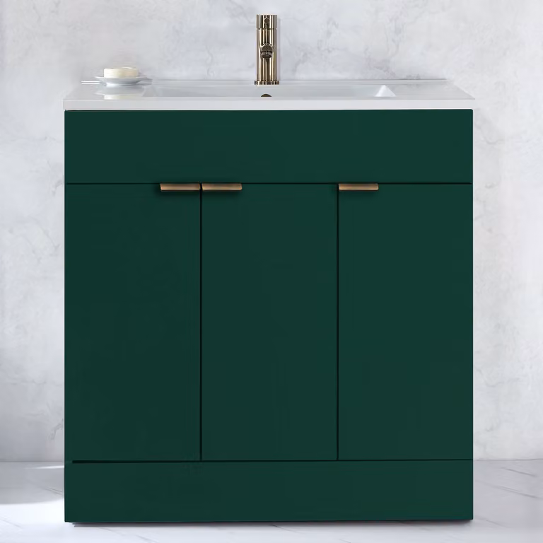 Mobile Bagno a Terra Verde Scuro da 810mm con Lavabo e Maniglie con Impugnatura a Dito in Ottone Spazzolato - Cluo