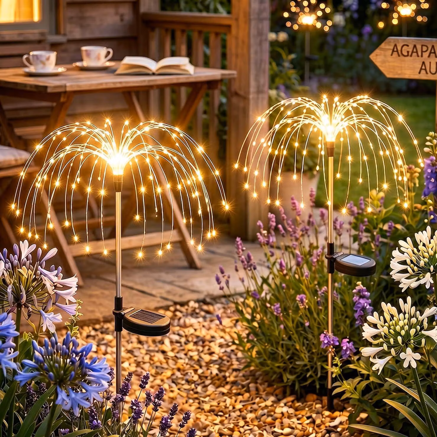 Set di 2 luci solari da giardino con 120 LED, effetto fuochi d'artificio, 8 modalità, grado di protezione IP65