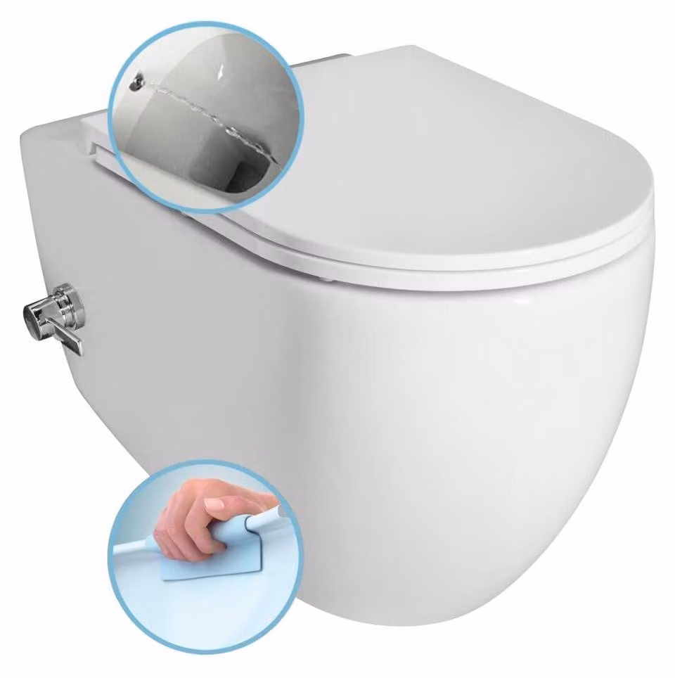 WC sospeso INFINITY CLEANWASH, con rubinetteria e doccetta per bidet, senza bordo di scarico, 36,5 x 53 cm, bianco