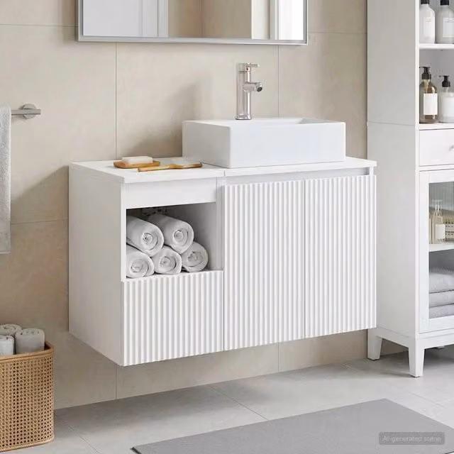 Set di mobili da bagno moderno vidaXL composto da mobile lavabo e mobile contenitore in MDF bianco e argento, sospeso, L/P/H: 79,5 x 34,34 x 49,5 cm