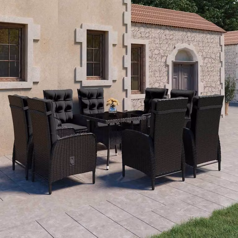 Set da pranzo da giardino vidaXL in 9 pezzi in polyrattan e vetro nero L: 120 cm, P: 75 cm, H: 75 cm