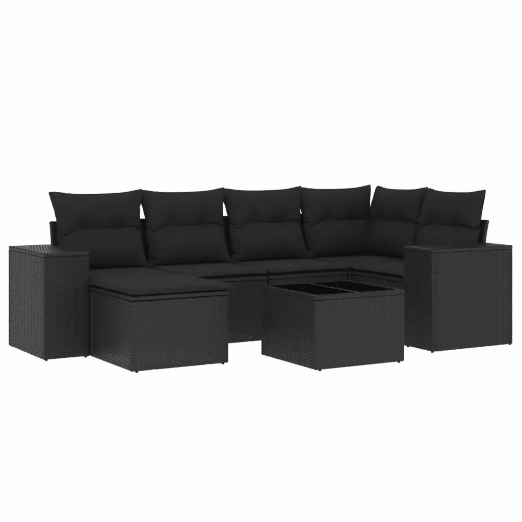 vidaXL Set Divano da Giardino a L con 7 Pezzi in Polyrattan Nero e Cuscini Imbottiti – 2