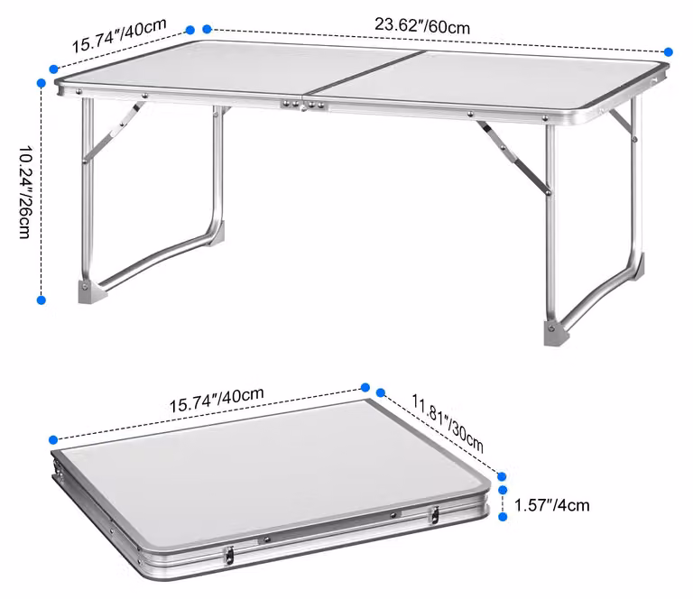Tavolo da campeggio - Tavolo pieghevole da esterno - Alluminio - 40 x 60 x 26 cm - Rettangolare - Bianco - Ideale per picnic e barbecue