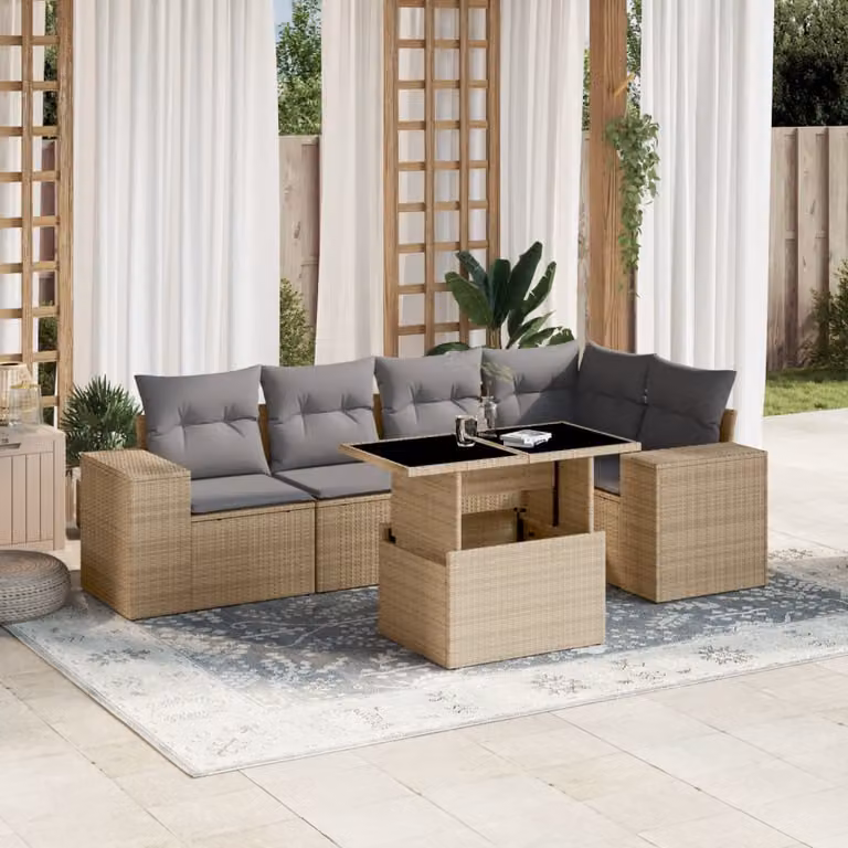 vidaXL Set Divano da Giardino a L 6 pz in Polyrattan con Cuscini Beige e Tavolino da Esterno