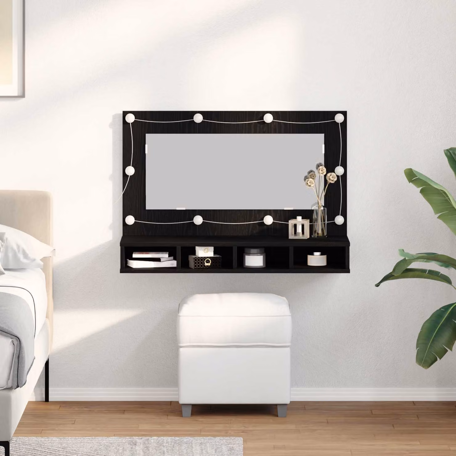 Mobiletto per specchio moderno vidaXL con illuminazione LED e specchio, Nero lucido, L 90 x P 31,5 x H 62 cm