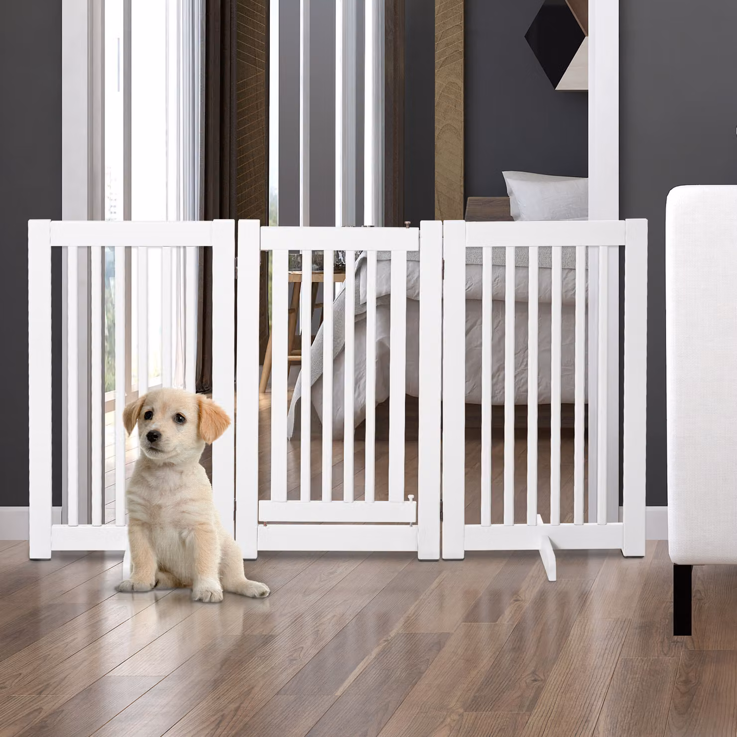Cancellino per cani pieghevole a 3 pannelli PawHut con porta centrale e blocco, struttura in MDF, Bianco Aosom L: 155 cm, H: 76 cm – 2