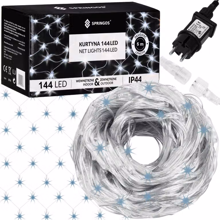 Rete luminosa a LED - 2x2 m, 144 LED, 8 funzioni, memoria, IP44, bianco freddo