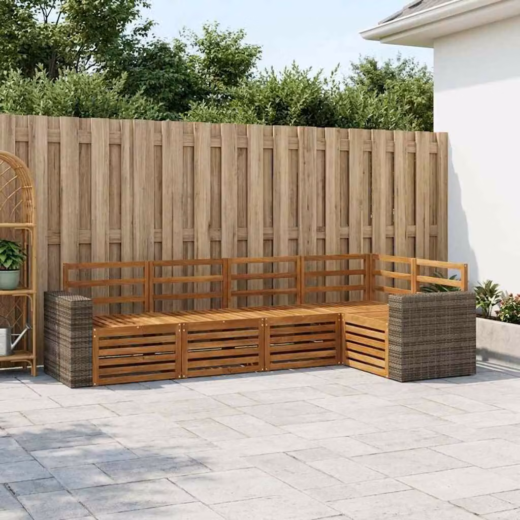 Set di divani da esterno vidaXL 5 pezzi in legno di acacia con cuscini in poliestere resistente ai raggi UV, colore naturale e bianco, design moderno a forma di L per giardino e terrazza
