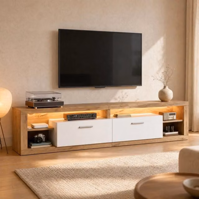 Mobile porta TV con LED controllato da app, 2 cassetti e 4 vani aperti per soggiorno in truciolare naturale 180 × 35,5 × 50 cm