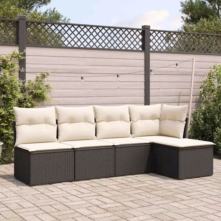 Set Divani da Giardino vidaXL 5 pz a Forma a L con Cuscini, Polyrattan e Acciaio Verniciato, Nero e Bianco
