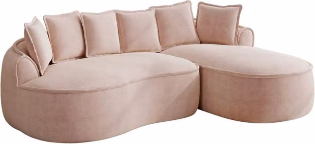 Divano modulare senza telaio a forma di L in tessuto chenille rosa, chaise longue extra profonda, con cuscini, ideale per soggiorno