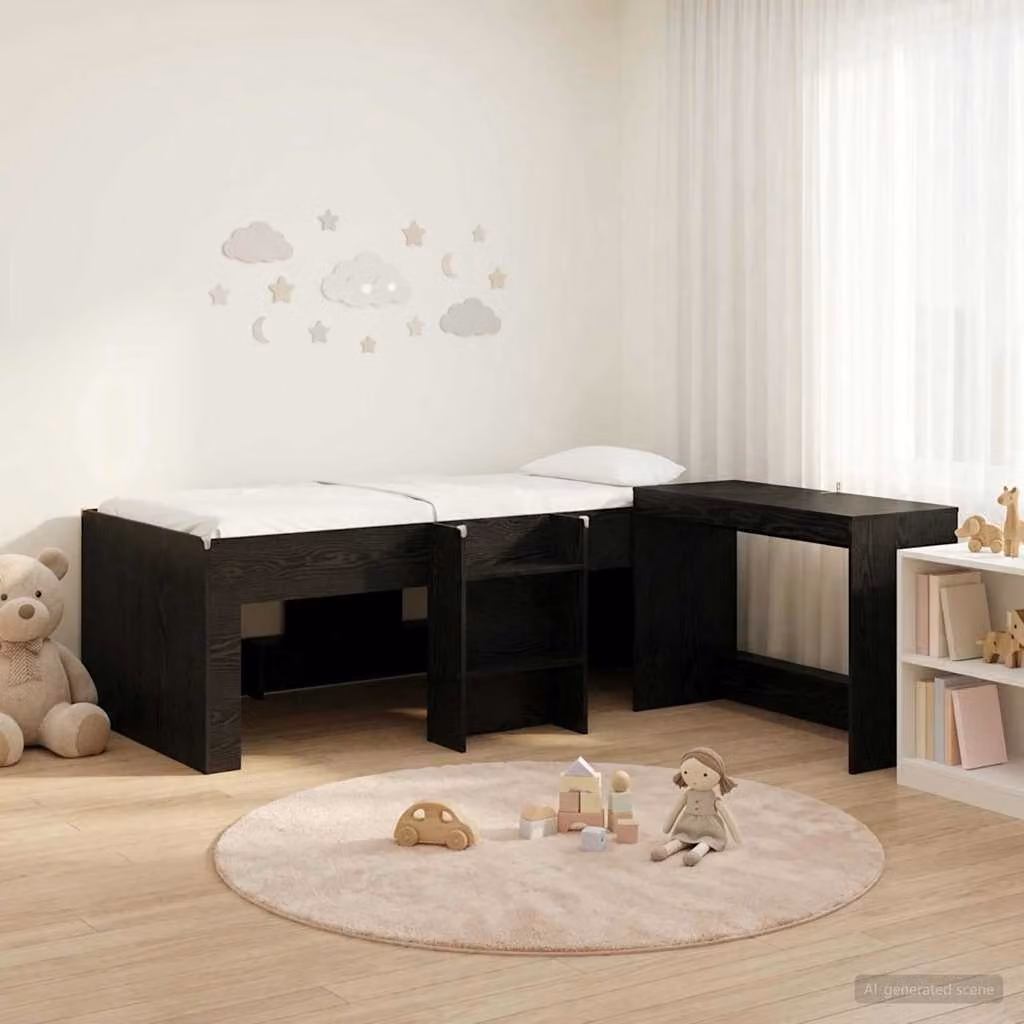 vidaXL Letto alto per bambini con scrivania, colore Nero e Rovere, L/P/H: 200 x 120 x 199,5 cm