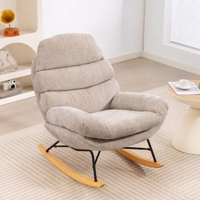 Poltrona a dondolo WISHDOR imbottita in tessuto con struttura in legno e metallo, colore bianco beige