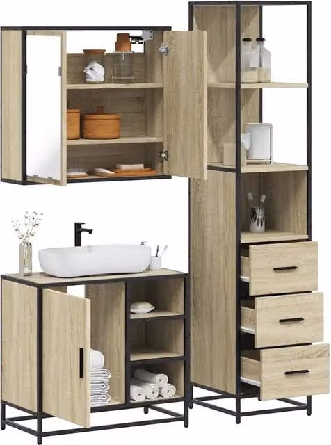 Set di mobili da bagno industrial vidaXL in legno e metallo marrone composto da armadietto con specchio, mobile lavabo e colonna alta, L/P/H: 65 x 33 x 166 cm