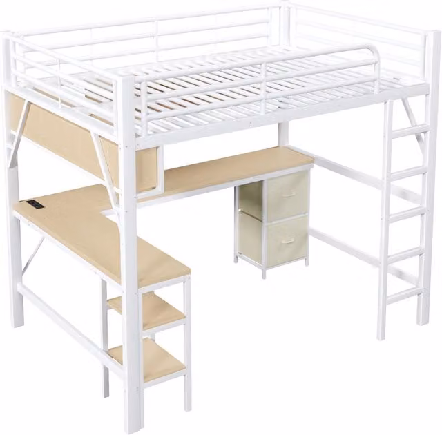 Letto a soppalco in metallo bianco 140x200 cm con scrivania, scaffale, armadio, USB e illuminazione LED