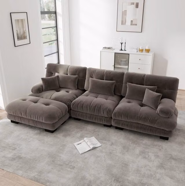 Divano modulare angolare con ottomane in cheniglia marrone 313x145 cm HOMVRA