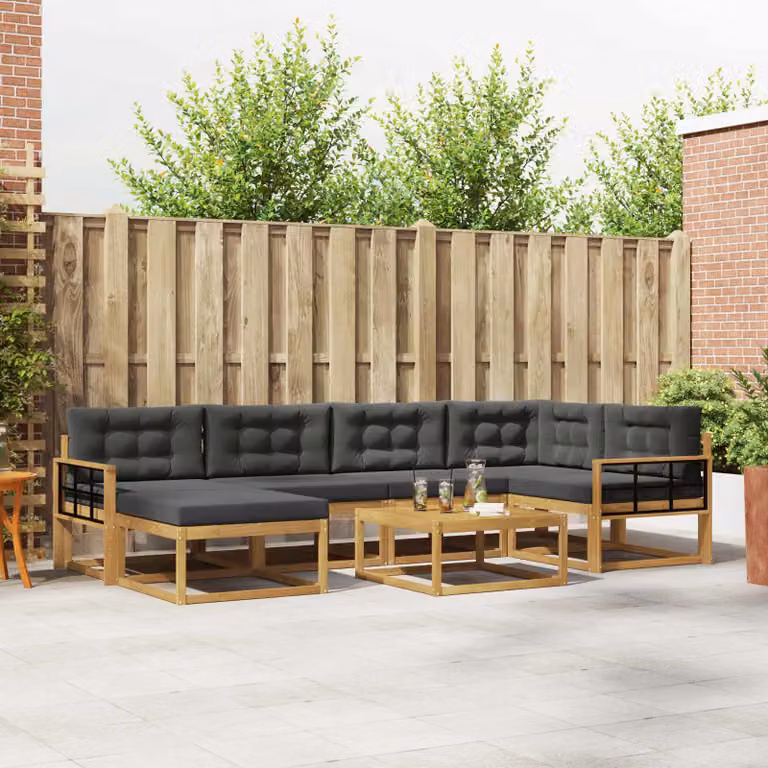 vidaXL Set di divani da esterno a L in legno di acacia con cuscini, 7 pezzi, Bianco e Antracite