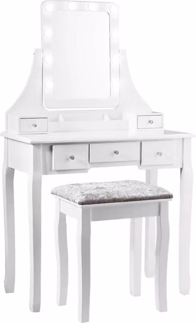 Set toeletta Costway con specchio rettangolare Hollywood LED e sgabello, tavolo da trucco moderno in bianco, L: 136 cm – 1