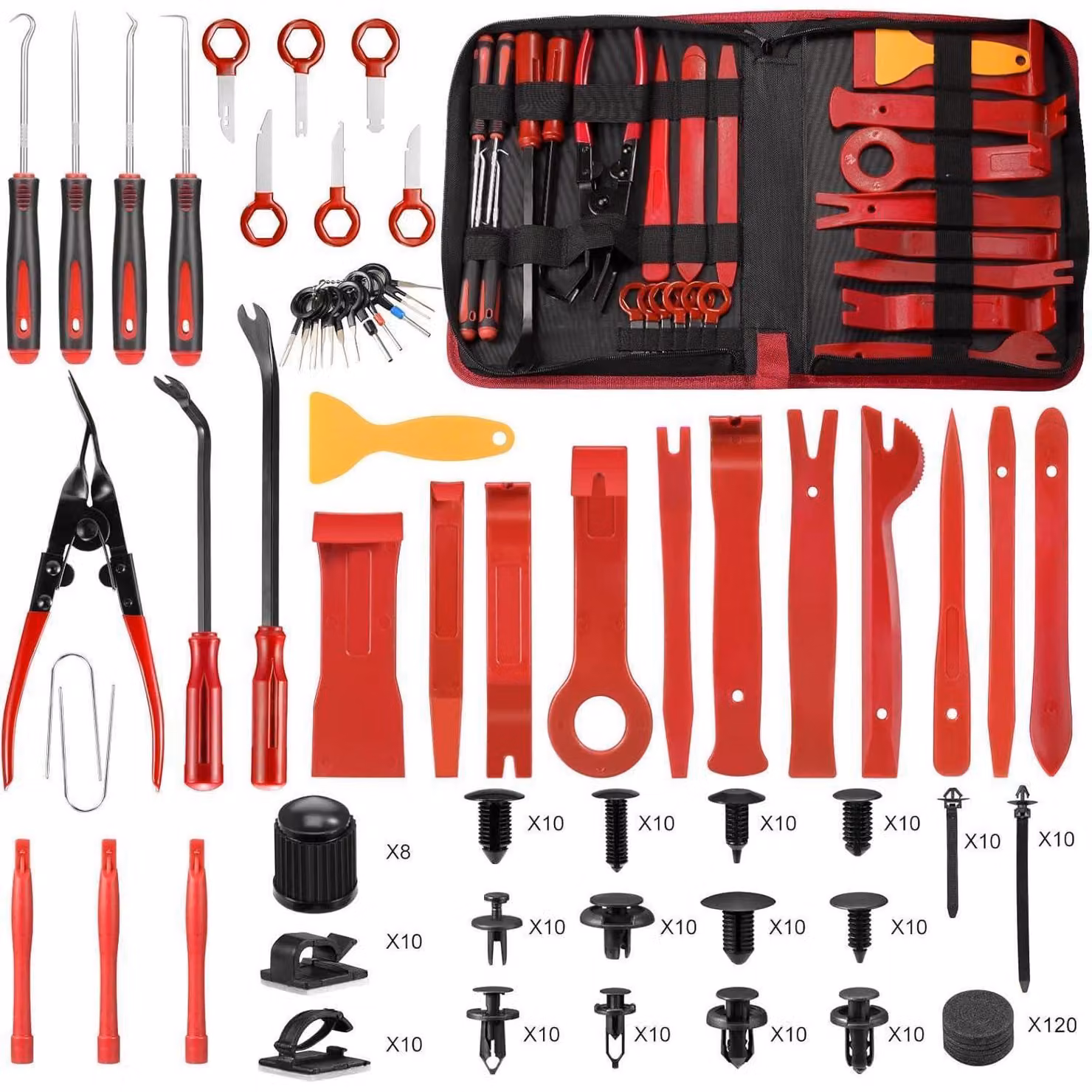 Set di 330 utensili per lo smontaggio di automobili, inclusi: leve, cunei in plastica, estrattori per clip di rivestimenti interni e estrattori per pannelli delle portiere, colore rosso