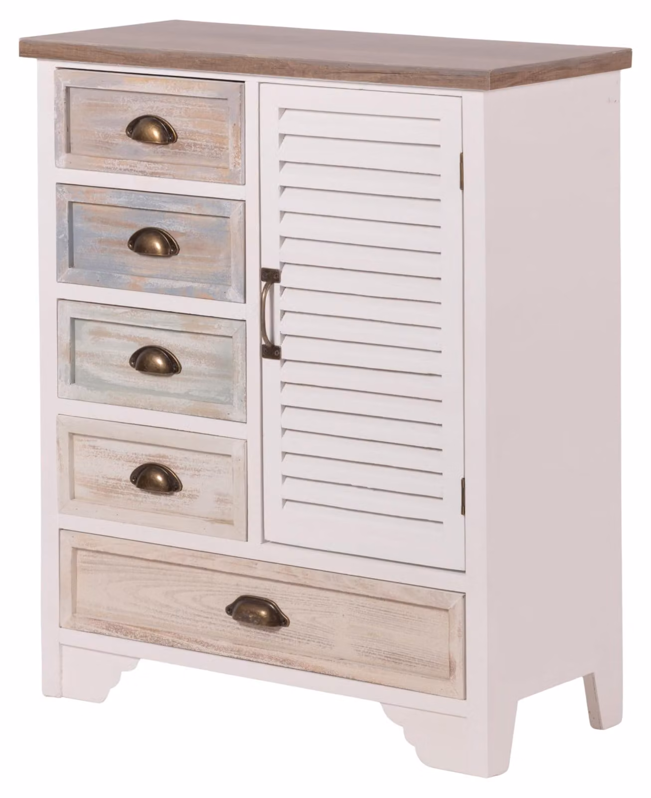 Comodino, 5 cassetti, 1 anta, legno di pino, stile shabby chic, 71x33x88 cm