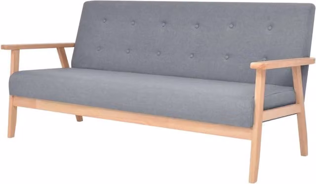 Set divano 2 pezzi in stile mid-century in tessuto grigio con struttura in legno massello composto da un divano a 2 posti e un divano a 3 posti