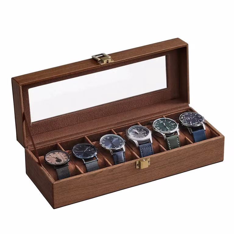 Scatola Porta Orologi con 6 Slot Marrone | SONGMICS, Superficie In Pu Marrone + Interno Marrone / 6 Posti（11,2 x 30 x 8 cm ）