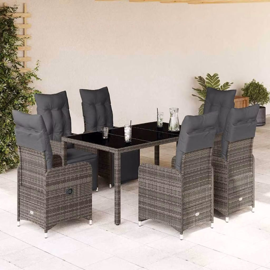 Set Bistrò da Giardino e Balcone vidaXL in Polyrattan e Metallo con Cuscini e Tavolo in Vetro Grigio, 7 Pezzi – 1