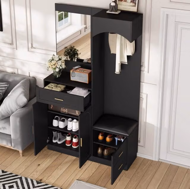 Armadio compatto multifunzione nero con specchio, portascarpe e panca, 110x33x186 cm