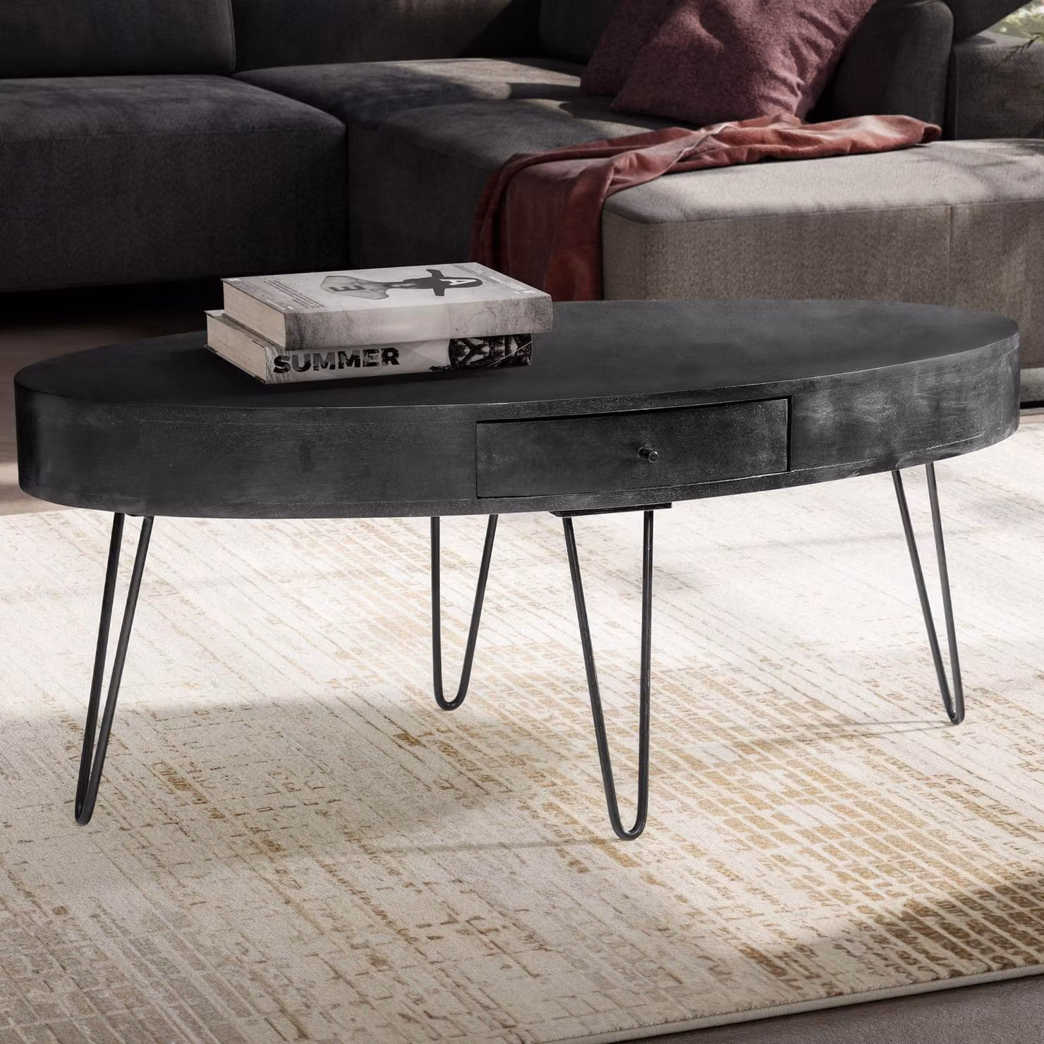 FineBuy Tavolino 100cm ovale in legno massiccio di mango nero - Tavolo da soggiorno con cassetto e gambe a forcina - Tavolo moderno in legno massiccio design industriale