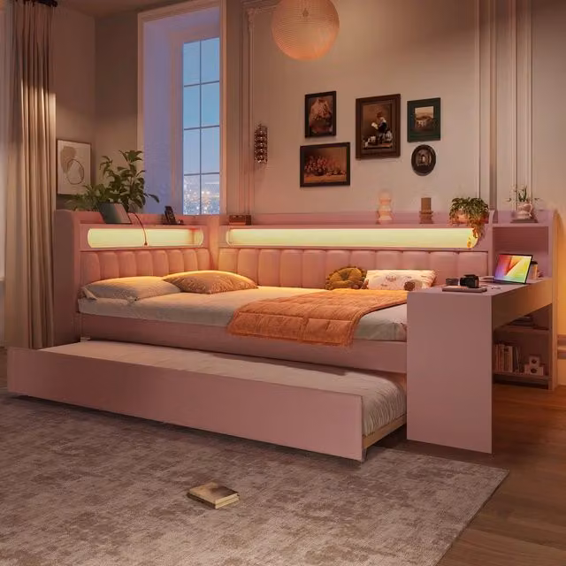 Letto Imbottito con Scrivania e Letto Estraibile ¨C MINIMAL ¨C Rosa, LED, USB, 140x200