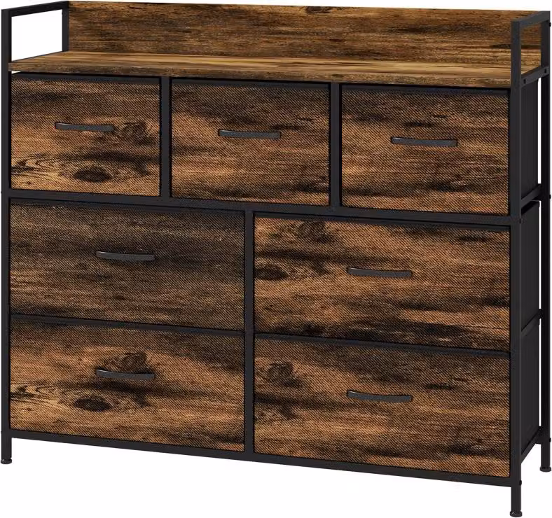 Comò con 7 cassetti rivestiti in tessuto, sistema antiribaltamento, mobili contenitori, credenza in MDF, marrone, marrone, 98 cm, 29 cm, 85 cm, poliestere