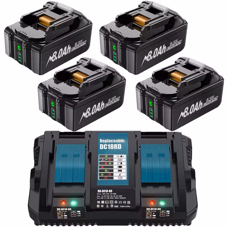 Set di batterie da 18 V per utensili elettrici - Batterie di ricambio compatibili con BL1830/BL1850/BL1860 - 8,0 Ah 8000 mAh agli ioni di litio - Caricabatterie rapido da 6 A - Confezione da 4 - Celle 18650
