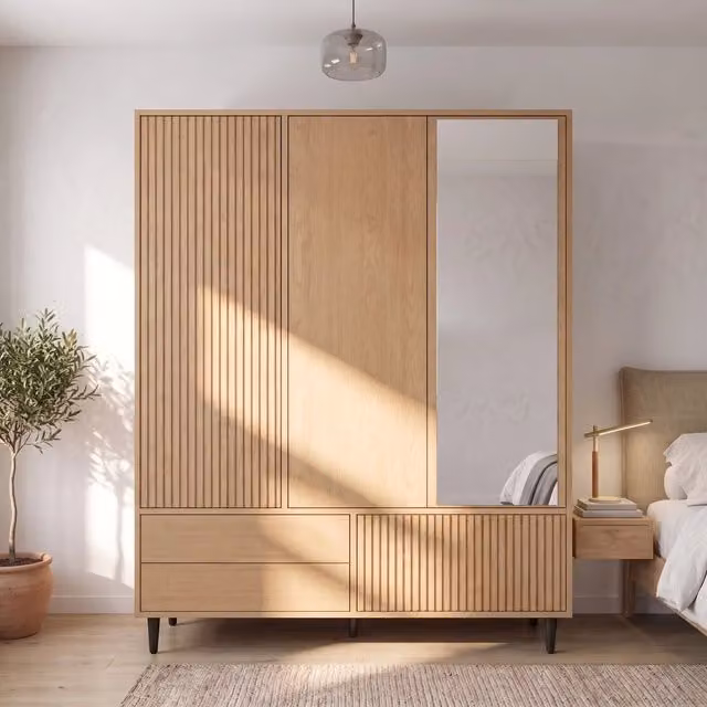 Armadio 3 ante 200 x 135 x 45 cm; specchio; 1 asta appendiabiti; 4 scomparti; 3 cassetti; effetto rovere