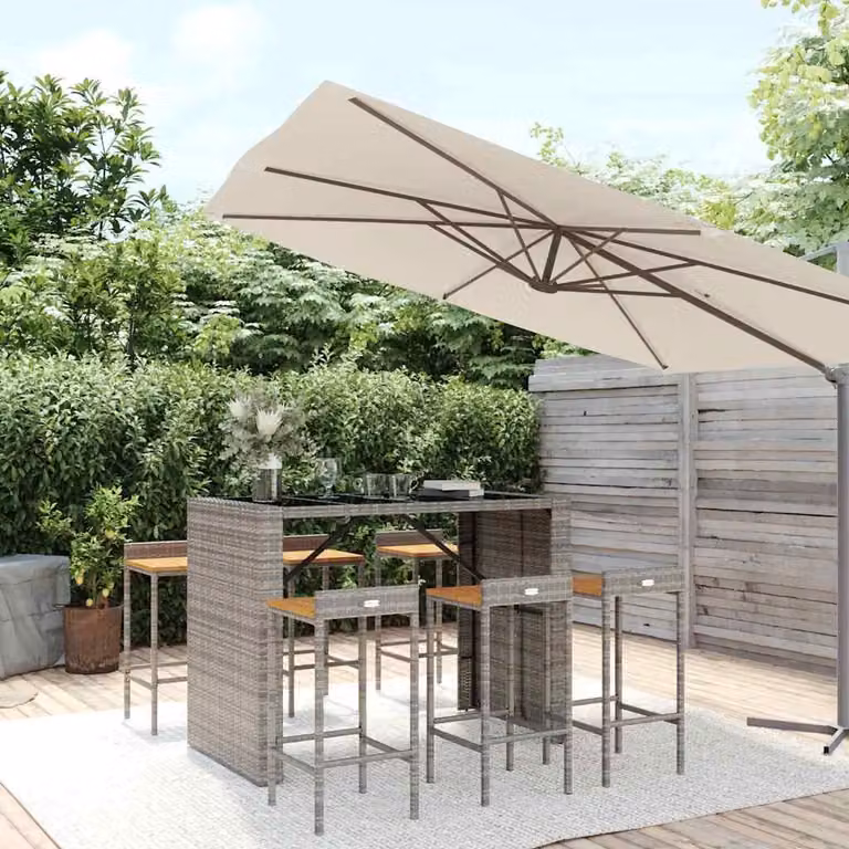 Set Bar da Giardino vidaXL in 7 Pezzi Grigio con Polyrattan e Legno di Acacia