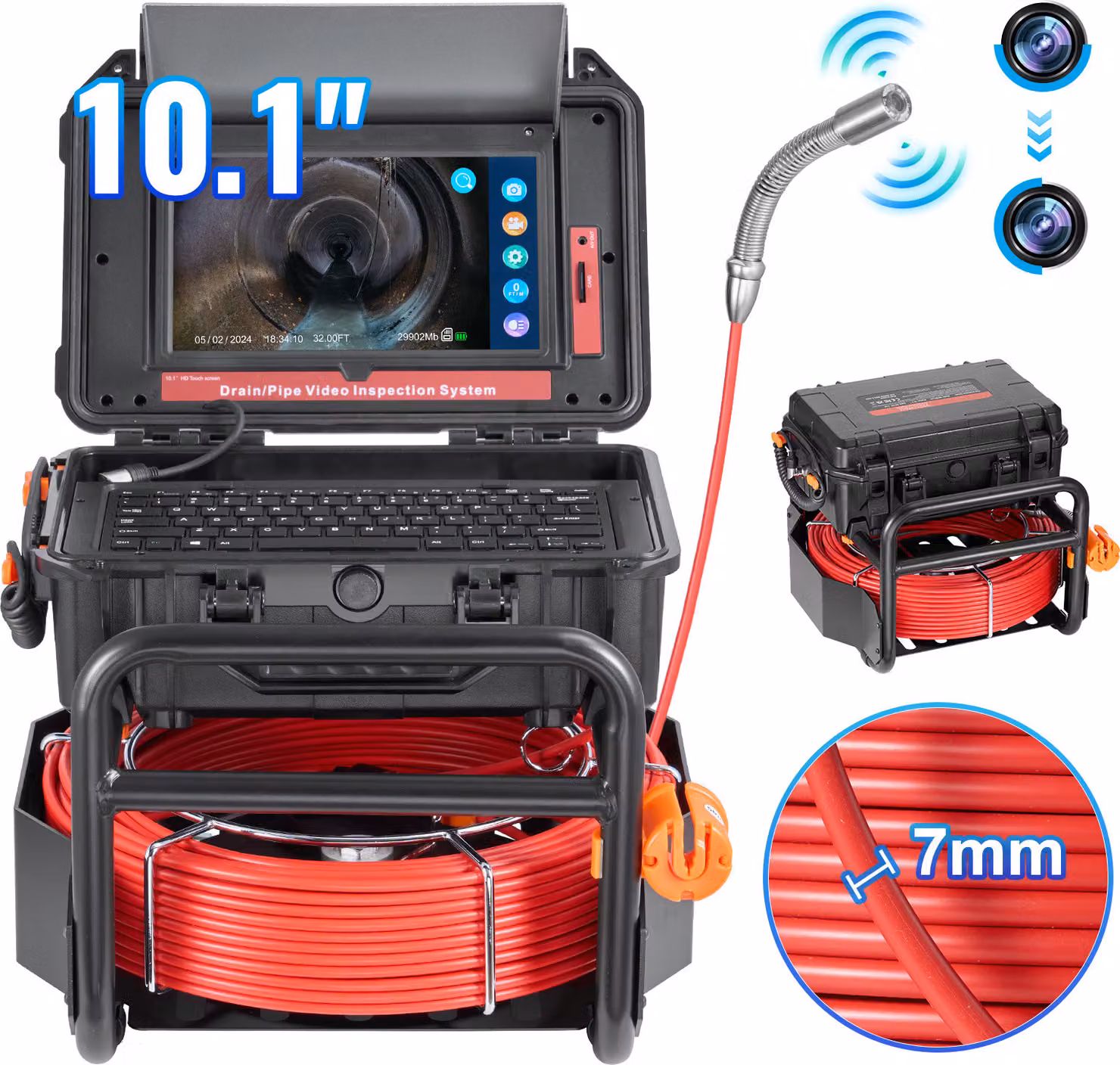 Telecamera per fognature SucceBuy, 165 ft/50 m, telecamera per fognature autolivellante con touchscreen da 10,1 pollici, trasmettitore da 512 Hz e contatore di distanza, telecamera per tubi a spola IP67 con 12 luci LED