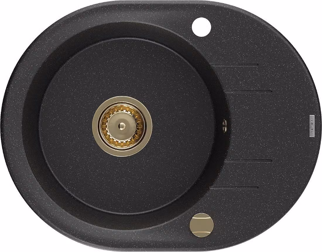 Mexen Kevin lavello in granito a 1 vasca con scolapiatti 586 x 458 mm, nero/argento metallizzato, sifone dorato