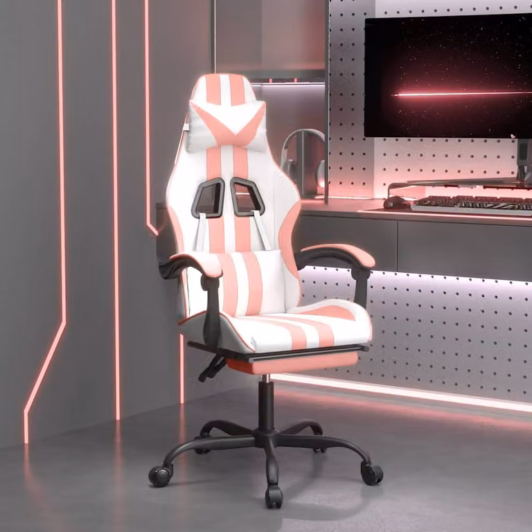 Sedia da Gaming Girevole vidaXL in Similpelle Bianca e Rosa con Poggiapiedi e Braccioli