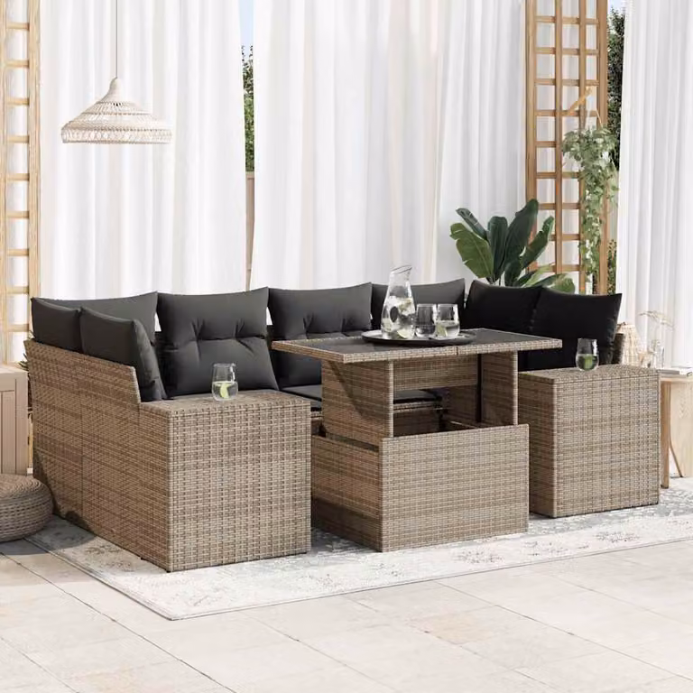 Set da giardino vidaXL composto da 7 pezzi con divani a L, tavolino da caffè e cuscini grigi in polyrattan e metallo