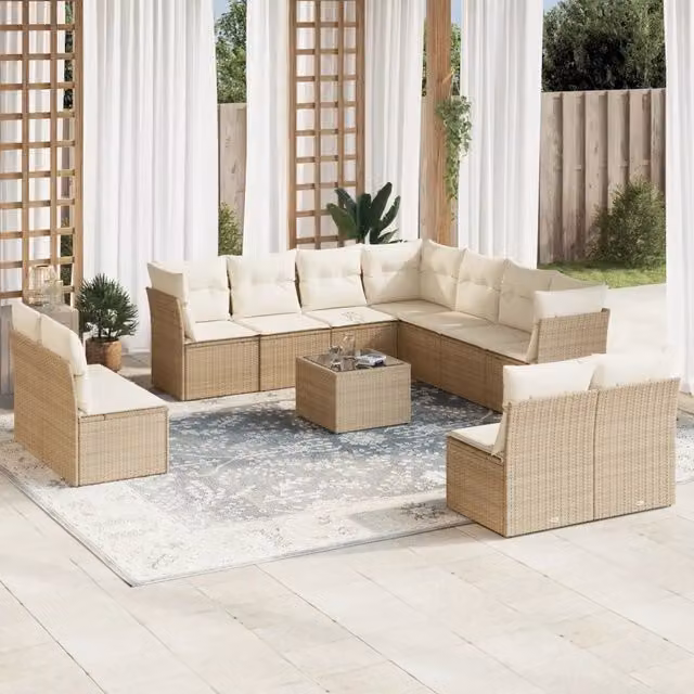 Set di Divani da Giardino VIDAXL in Polyrattan con Cuscini Beige, Design Moderno a Forma di U, 12 Pezzi
