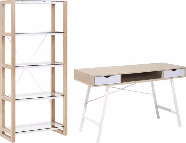 Set di mobili per ufficio, legno chiaro, MDF bianco, vetro, una scrivania, una libreria, un home office minimalista