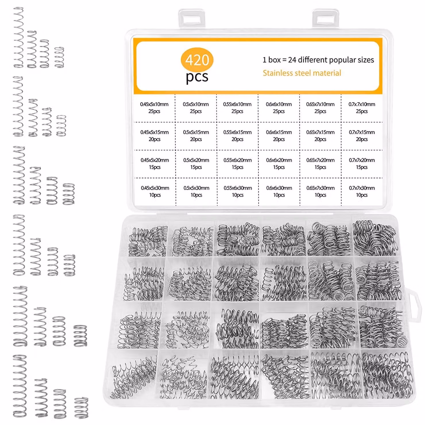 Set di molle a compressione, 420 pezzi, 24 specifiche, diametro da 15 a 7 mm, lunghezze da 10 a 30 mm
