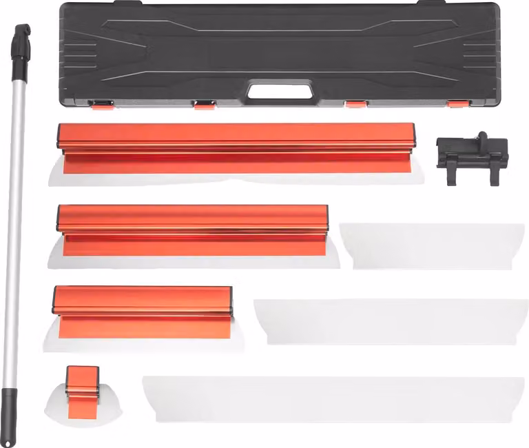 Set di strumenti per la finitura del cartongesso, con lame in acciaio inossidabile, lunghezze delle lame: 35 cm, 60 cm e 80 cm. Lunghezza regolabile dell'asta: 87-156 cm. Dimensioni della custodia: 92,4 x 22,3 cm. Peso netto: 5,2 kg