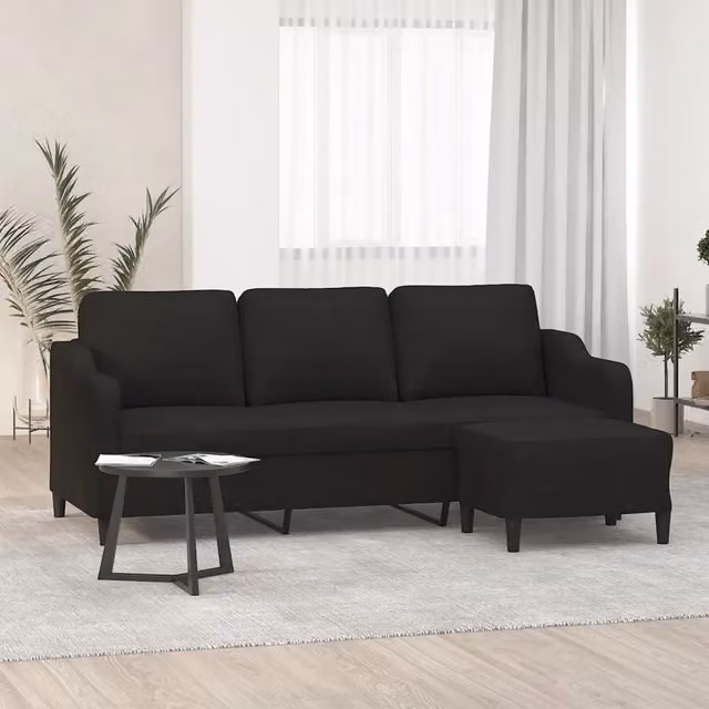 Divano a 3 posti moderno vidaXL con poggiapiedi coordinato in tessuto nero L: 198 cm, P: 80 cm, H: 77 cm – 1