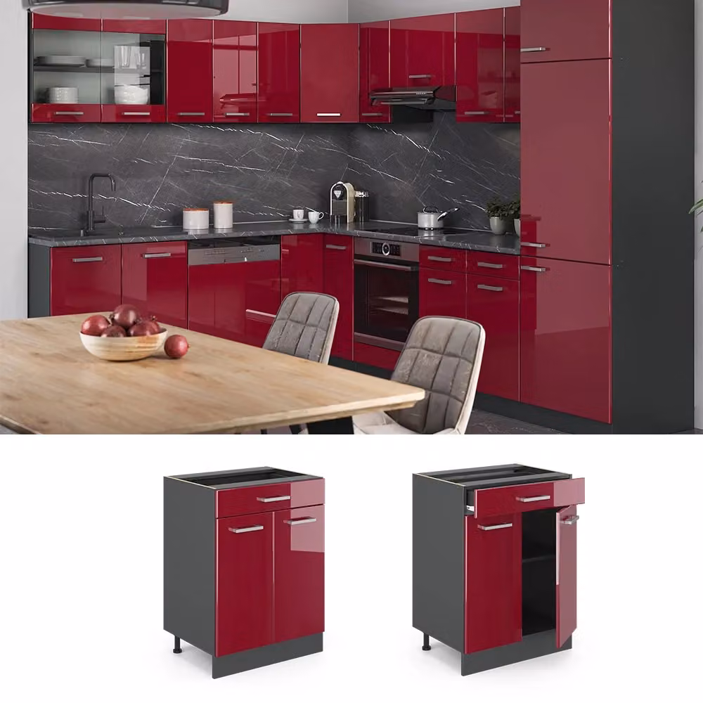 Mobiletto base per cucina Vicco R-Line Rosso lucido e Antracite con cassetto, senza piano di lavoro, Larghezza: 60 cm – 2